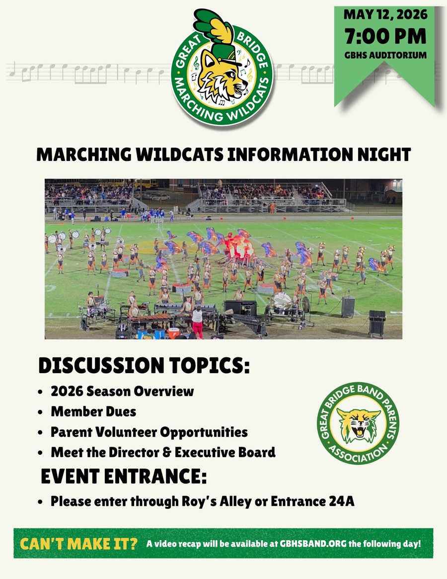 Marching Wildcats Information Night Flyer — May 12, 2026 at 7:00 PM in the GBHS Auditorium